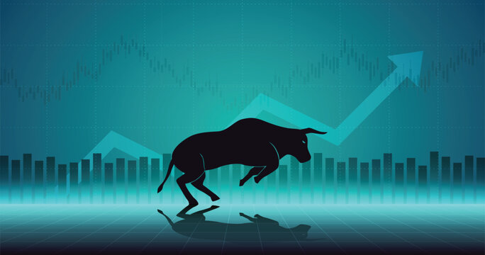 Widescreen Abstract financial chart with uptrend line graph arrow and walking bull icon in stock market on blue color background