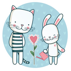 Cat and rabbit grow their love.