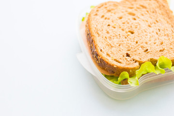 School lunch box. Bread, candies, baby corns, carrot and tomatoes in green plastic container