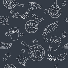Seamless Breakfast Pattern with Fried Eggs,  Avocado, Smoothie with Chia, Tea