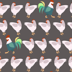Seamless pattern with birds, hen and rooster. Cartoon pattern on dark background. 