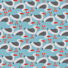 Seamless Pattern with SeaGulls and Fishes on Blue Background.