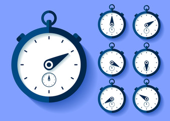 Stopwatch icon set in flat style, round timer on color background. Sport clock. Time tool. Vector design element for you business project