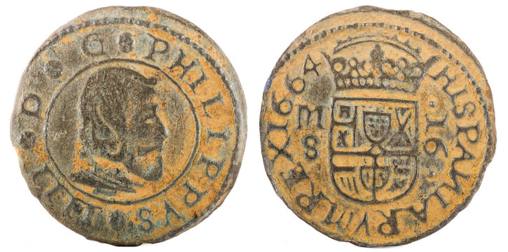 Ancient Spanish copper coin of King Felipe IV. 1664. Coined in Madrid. 16 Maravedis.