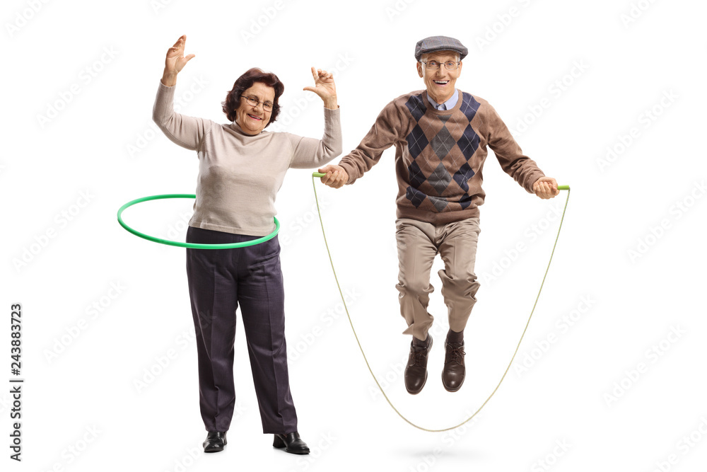 Poster Elderly woman with a hula hoop and a senior man jumping with a skipping rope