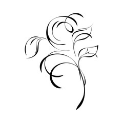stylized twig with leaves and curlicues in smooth black lines on a white background