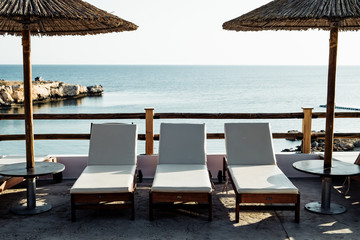 A row of sun beds on a hotel. Cyprus