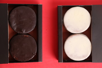 Chocolate cakes and dulce de leche, typical in Argentina. called Alfajores