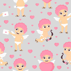 Seamless love pattern with Cupid baby angel character, hearts and envelopes. Romantic art illustration in cartoon style