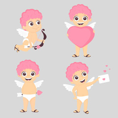 Cute Cupid with bow and arrows and hearts. Valentine's day design concept. Vector