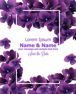 Purple Flowers Frame Vector. Wedding Invitation Card, Ceremony Event, Anniversary Templates