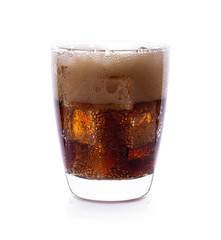 Cola in glass with ice cubes on white background