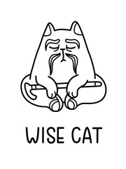 A Cartoon Vector Of An Old Wise Cat Sage With Moustache, Sitting In Yoga Pose And Holding A Cane