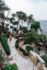 Fototapeta premium overview of Harissa maronite sanctuary, Lebanon with Beirut and mediterranean sea in background