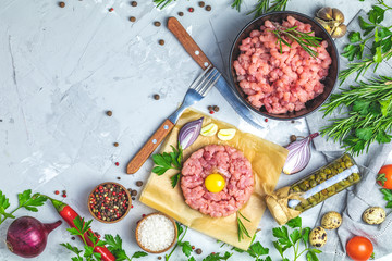 Minced beef meat and steak tartare with yolk