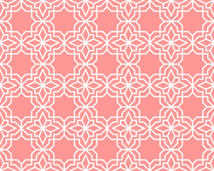 Abstract geometry pattern in Arabian style. Seamless vector background. White and pink graphic ornament. Simple lattice graphic design