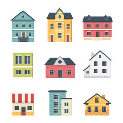 Collection of suburban private houses. House exterior. Vector urban building icons set.