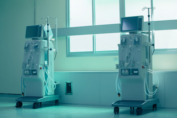 Dialysis machines in empty hospital room,Hemodialysis machine,Modern medical equipment in hospitals,Hemodialysis machines with tubing and installations. Health care,