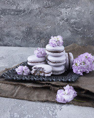 Fototapeta na wymiar Lilac macarons with lilac flowers on grey background