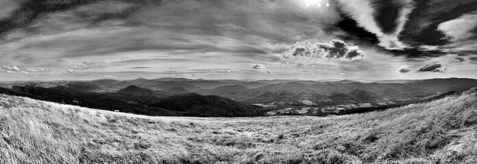 Beautiful panoramic view of the Bieszczady mountains in the early autumn, Bieszczady National Park (Polish: Bieszczadzki Park Narodowy), Poland. © udmurd