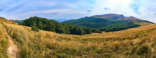 Beautiful panoramic view of the Bieszczady mountains in the early autumn, Bieszczady National Park (Polish: Bieszczadzki Park Narodowy), Poland.