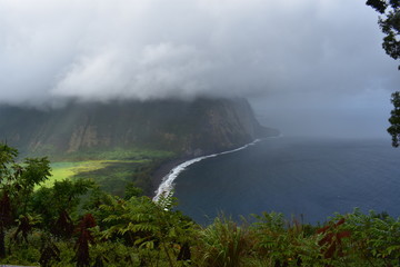 Waimea Valley Hawaii Overlook Foggy view of Coast. Heavy cloud cover of fertile utopian paradise...