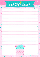 Cute TO DO list with hand draw cartoon cloud and confetti. Template with place for notes and thinks. Vector illustration for print, office, school.