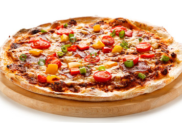 Pizza with ham and vegetables on white background