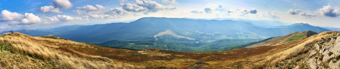 Beautiful panoramic view of the Bieszczady mountains in the early autumn, Bieszczady National Park (Polish: Bieszczadzki Park Narodowy), Poland.