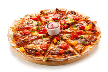 Pizza with ham and vegetables on white background