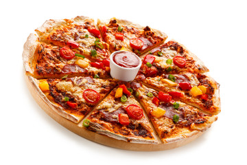 Pizza with ham and vegetables on white background
