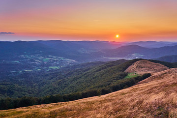 Sunset. Beautiful panoramic view of the Bieszczady mountains in the early autumn, Bieszczady National Park (Polish: Bieszczadzki Park Narodowy), Poland.
