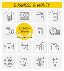 The money and business outline icon set. The stack of dollar coins, gold 24k, upward and downward graph, online banking, briefcase and banknote symbols. Thin linear vector icons with editable strokes.