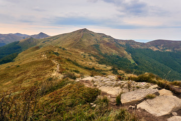 Beautiful panoramic view of the Bieszczady mountains in the early autumn, Bieszczady National Park (Polish: Bieszczadzki Park Narodowy), Poland.