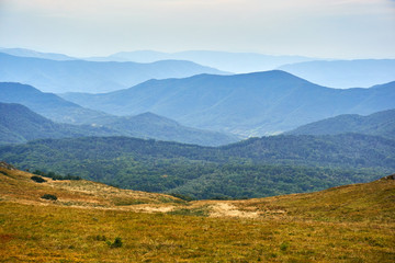 Beautiful panoramic view of the Bieszczady mountains in the early autumn, Bieszczady National Park (Polish: Bieszczadzki Park Narodowy), Poland.