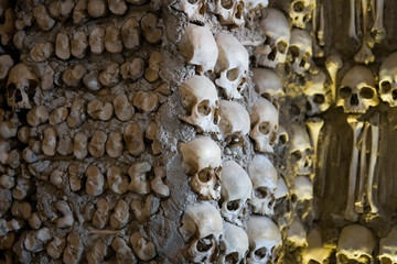 Human bones and skulls are embedded in the wall. Texture. Selective focus.