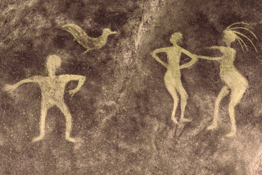 iimage of ancient people on the cave wall. history of antiquities, archeology.