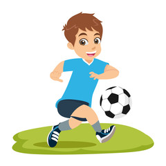Cute cartoon little boy playing football or soccer isolated on white background