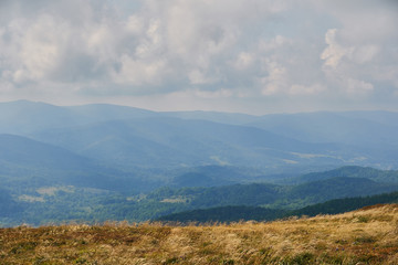 Beautiful panoramic view of the Bieszczady mountains in the early autumn, Bieszczady National Park (Polish: Bieszczadzki Park Narodowy), Poland.