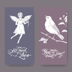 Two Valentine romantic banners with cupid, singin bird and brush lettering.