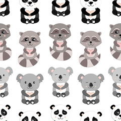 Fototapeta premium Raccoon, Koala and Panda Seamless Vector Pattern.Vector background