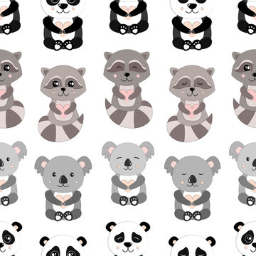 Raccoon, Koala and Panda Seamless Vector Pattern.Vector background