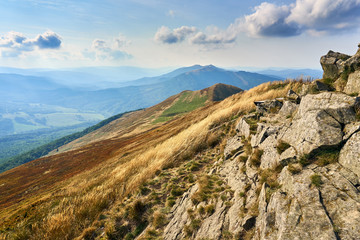 Beautiful panoramic view of the Bieszczady mountains in the early autumn, Bieszczady National Park (Polish: Bieszczadzki Park Narodowy), Poland. © udmurd
