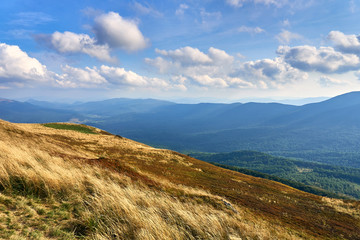 Beautiful panoramic view of the Bieszczady mountains in the early autumn, Bieszczady National Park (Polish: Bieszczadzki Park Narodowy), Poland.
