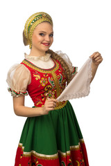 Beautiful smiling caucasian girl in russian folk costume isolated on white