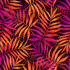Seamless pattern with bright tropical palm leaves on black background. Stylish illustration. Background for textile and fabric.