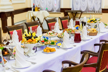 Banquet in the restaurant. Various delicacies, snacks and drinks at the gala event. Catering.