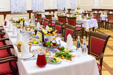 Banquet in the restaurant. Various delicacies, snacks and drinks at the gala event. Catering.