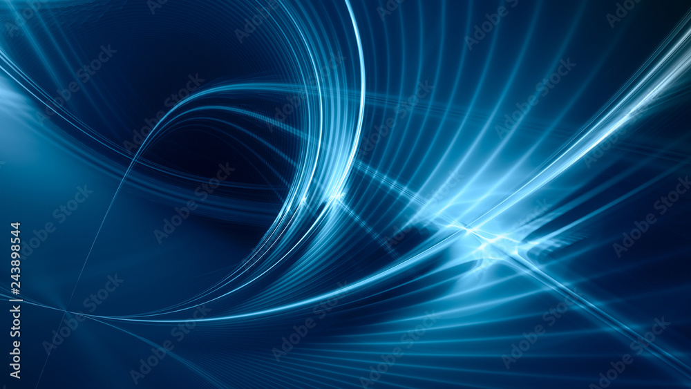 Aufkleber Abstract blue background element on black. Fractal graphics. Three-dimensional composition of glowing lines and mption blur traces. Movement and innovation concept.
