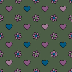 Hearts and flowers hand drawn vector seamless pattern. Spring background. Love texture for surface design, textile, wrapping paper, wallpaper, phone case print, fabric.